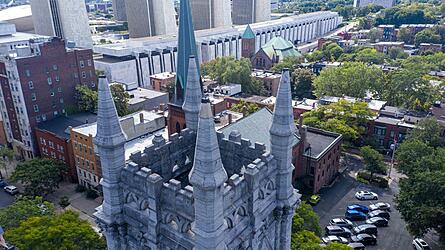 Top of a church steeple with crenelations